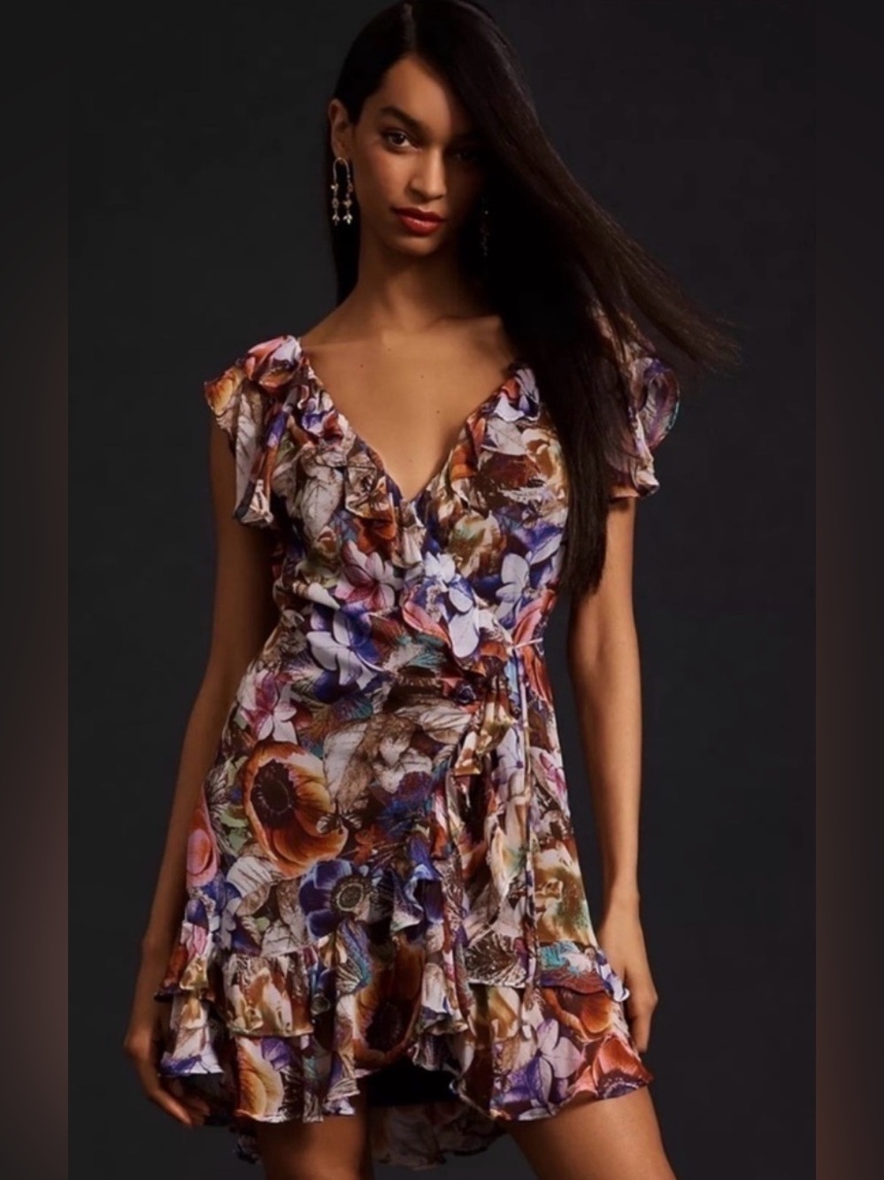 Anthropologie Purple Floral Ruffle Wrap Mini Dress Medium Tie Waist Boho Resort